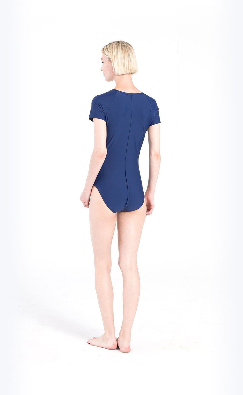 Blue Swimsuit with Zipper Short Sleeves - One Piece
