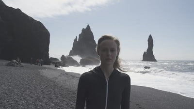 Women wearing the hoody bathing suit on a beach in Iceland.