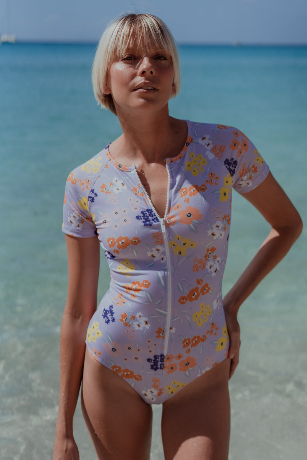 One Piece Swimsuit for Women Mock Neck Zipper Short Sleeve Bathing